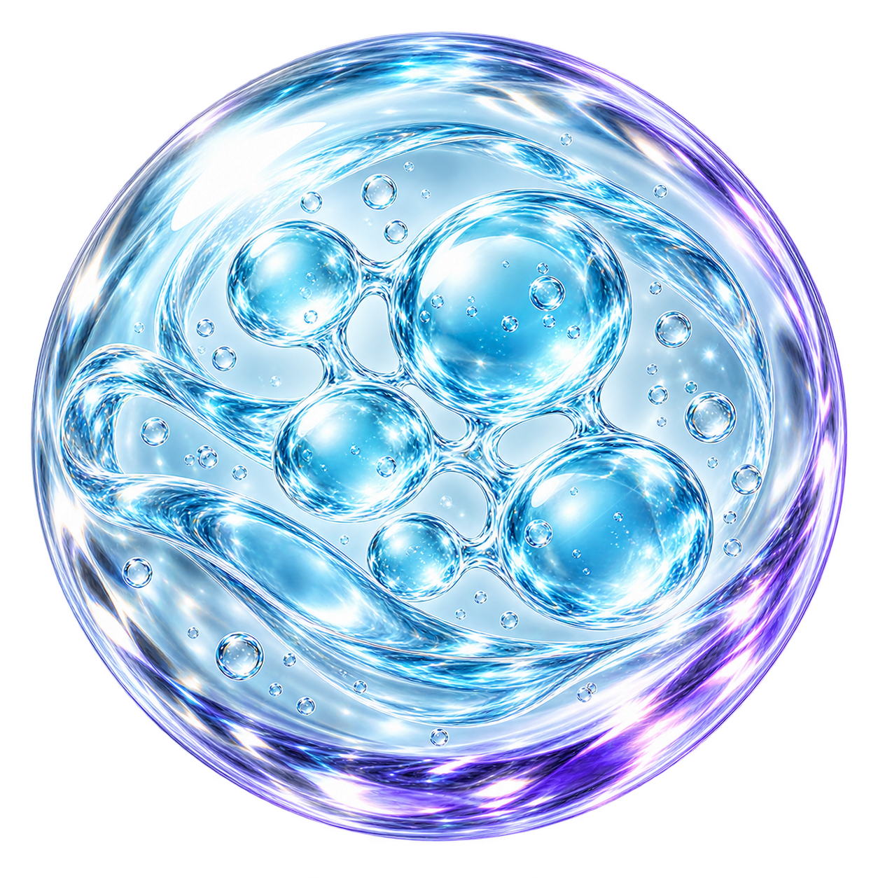 Aqua-blue gel sphere with abstract translucent moisture beads and a violet rim.