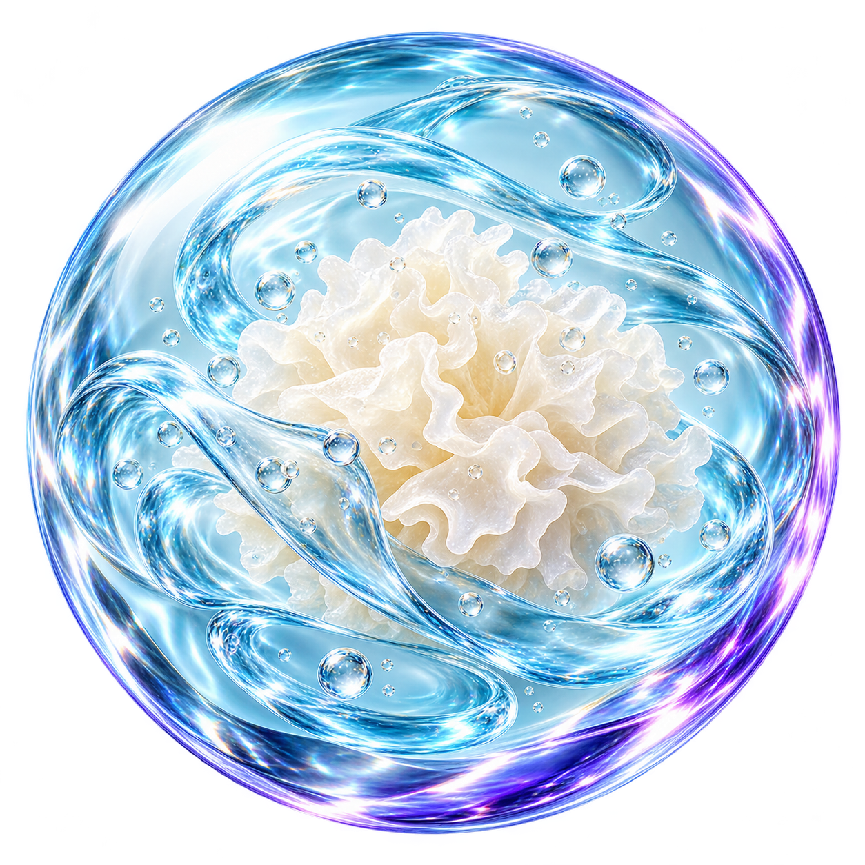 Aqua-blue gel sphere with a white, delicately ruffled snow mushroom motif and a violet rim.